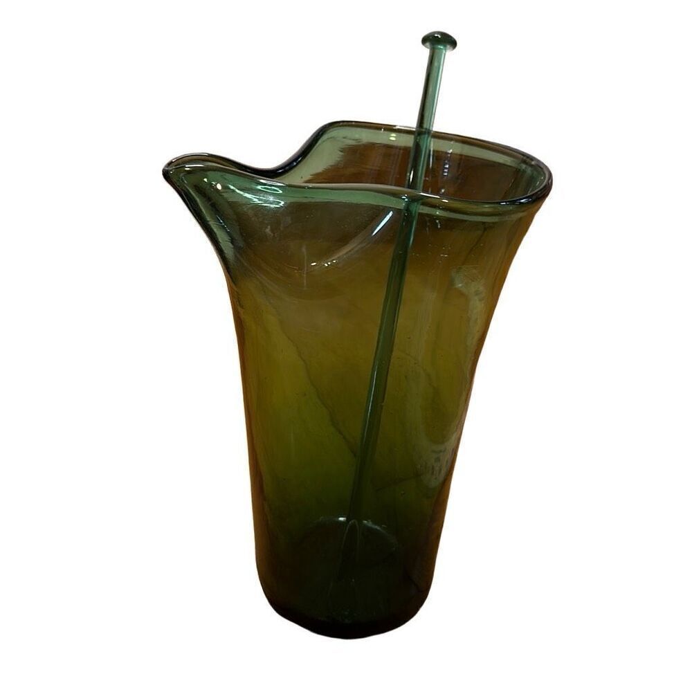Vintage Blenko Hand Made Glass Green pitcher & stirrer Paper Bag Vase Hand Blown